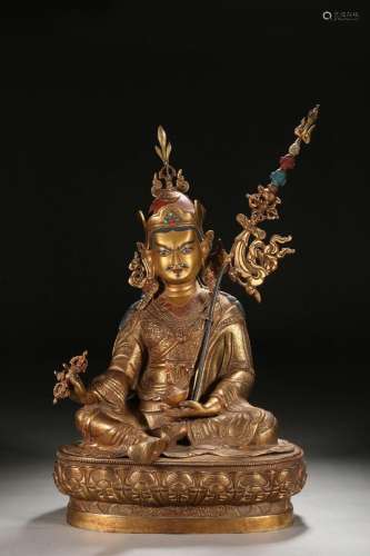 Precise cast bronze gilt seated statue of Guru Rinpoche