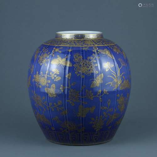 Ji Blue Glazed Golden Butterfly Love Flower Melon Edge Jar