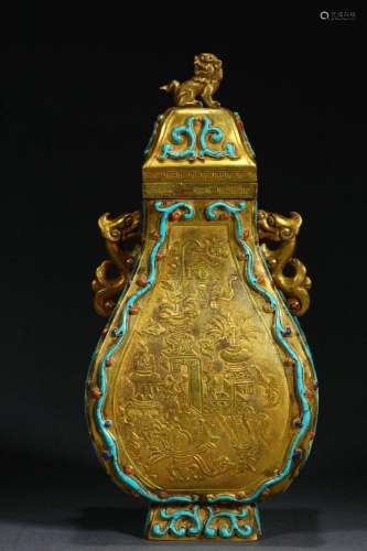 Gilt bronze inlaid turquoise flat vase with Qing offering pa...