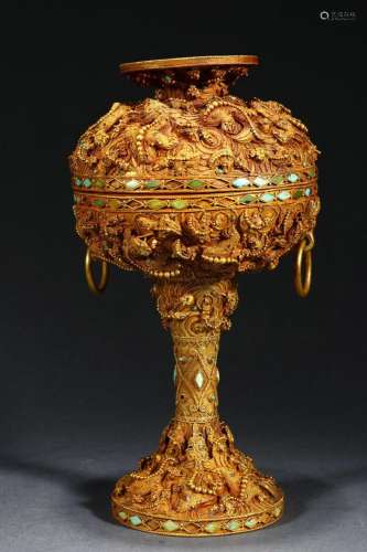 Gilt Bronze Inlaid Treasure Double-eared Flower Goblet