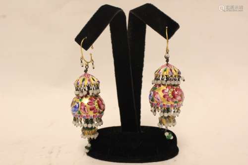 19th Gold Enamel Persian Qajar Earring Ring,Pair