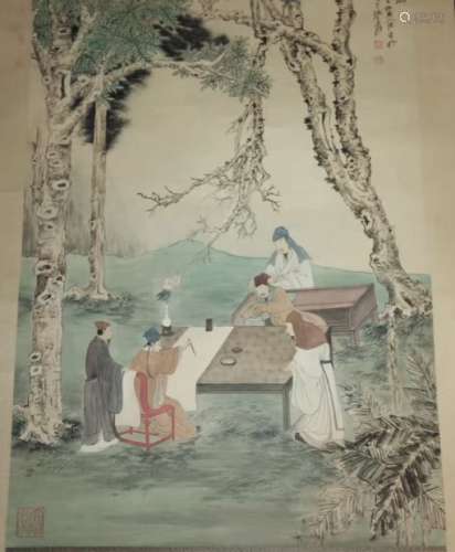 Chinese Ink color Scroll Painting w Calligraphy
