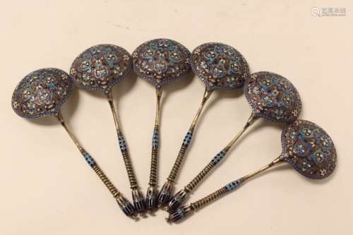 Six Russian Silver Enamel Spoons