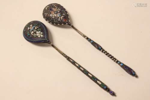 Russian Silver Enamel Pair Spoons