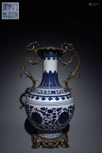 Chinese Blue and White Porcelain Vase w Bronze Mou