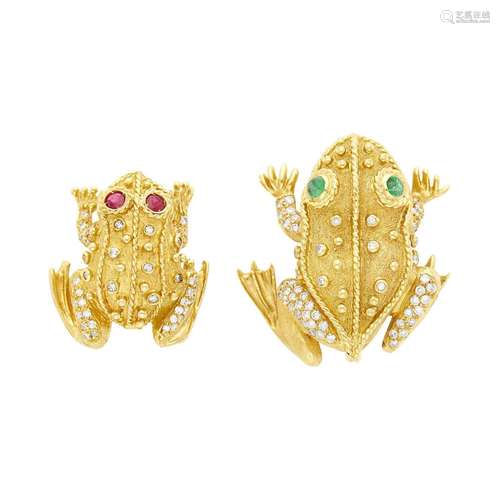 Two Gold, Diamond and Gem-Set Frog Brooches