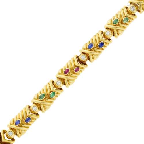 Gold, Cabochon Colored Stone and Diamond Bracelet