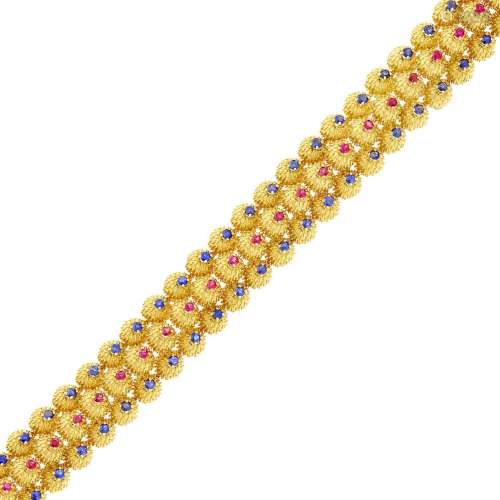 Tiffany & Co. Three Row Gold, Ruby and Sapphire Bracelet