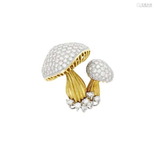 Gold, Platinum and Diamond Mushroom Clip-Brooch