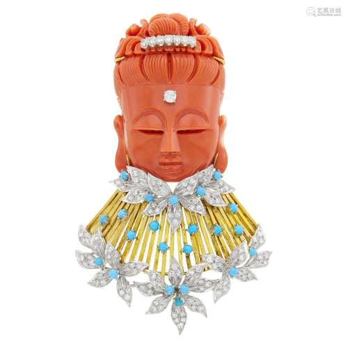 Two-Color Gold, Carved Coral, Turquoise and Diamond Pendant-...