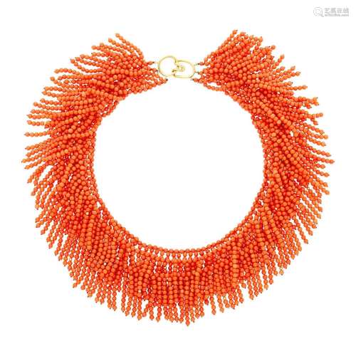 Tiffany & Co. Triple Strand Coral and Gold Bead Fringe N...