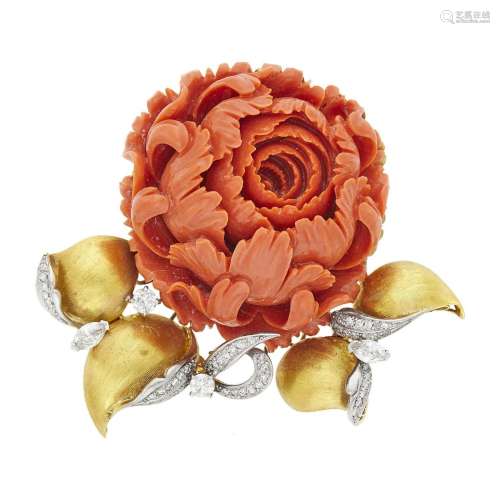 Two-Color Gold, Carved Coral and Diamond Flower Brooch