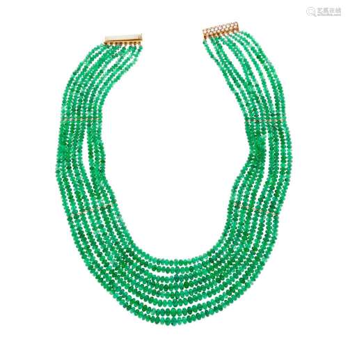 Cellino Eight Strand Emerald Bead, Gold and Diamond Necklace