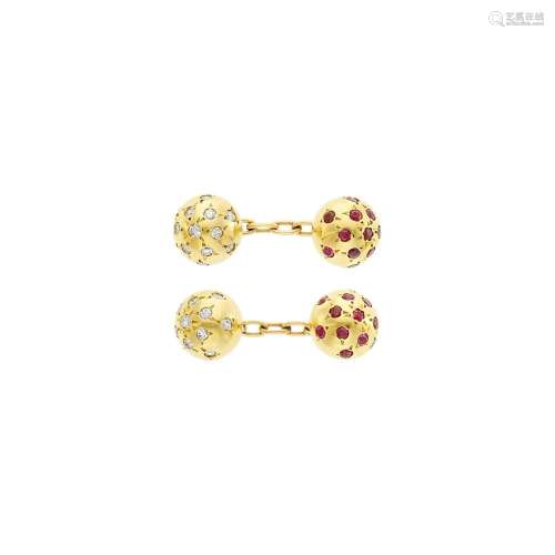 Van Cleef & Arpels Pair of Gold, Ruby and Diamond Ball C...