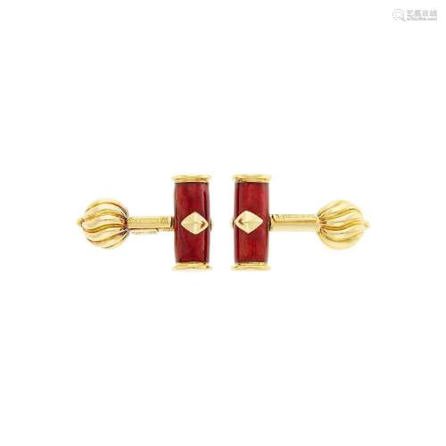 Tiffany & Co., Schlumberger Pair of Gold and Red Enamel ...
