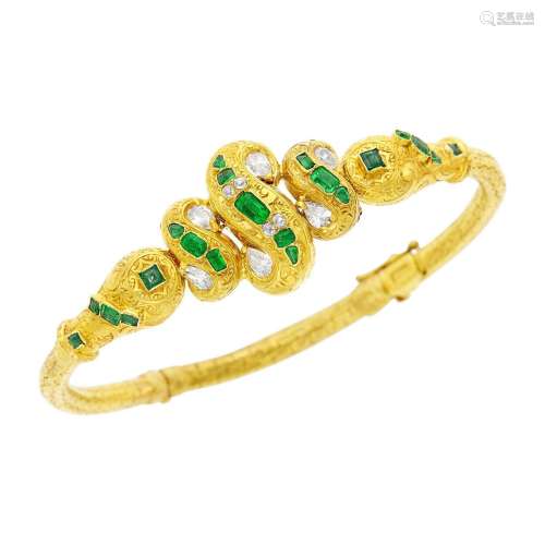 Gold, Emerald and Diamond Bangle Bracelet