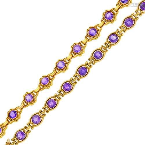 Two Antique Gold and Amethyst Bracelets