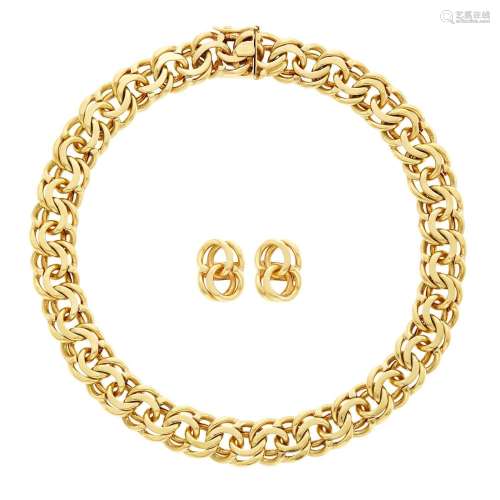 Gold Curb Link Necklace and Pair of Earrings