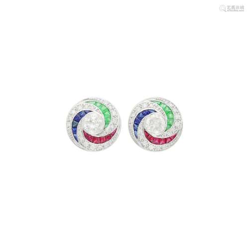 Pair of White Gold, Diamond, Ruby, Sapphire and Emerald Earr...