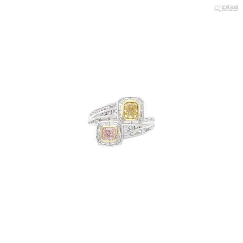 Tricolor Gold, Colored Diamond and Diamond Crossover Ring