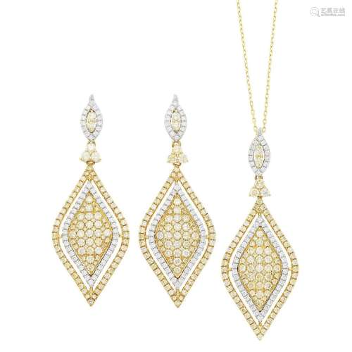 Pair of Two-Color Gold, Diamond and Colored Diamond Pendant-...