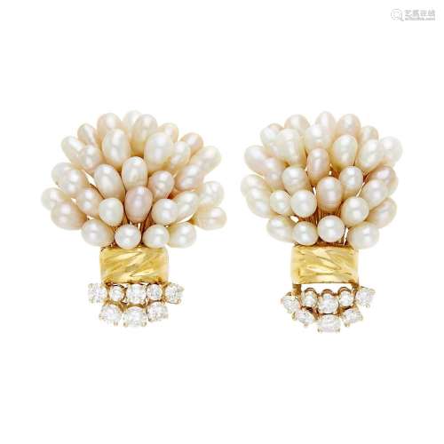 Pair of Gold, Multicolored Freshwater Pearl and Diamond Bouq...