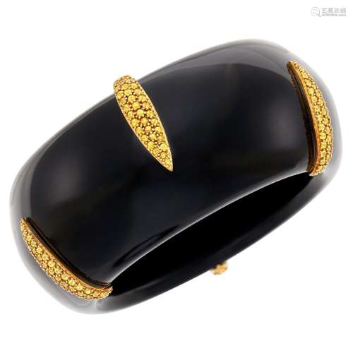 Black Onyx, Gold and Yellow Sapphire Cuff Bangle Bracelet