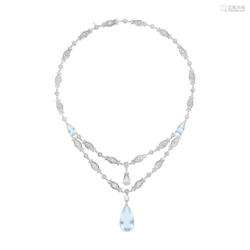 White Gold, Aquamarine and Diamond Swag Pendant-Necklace