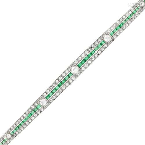 Platinum, Diamond and Emerald Bracelet