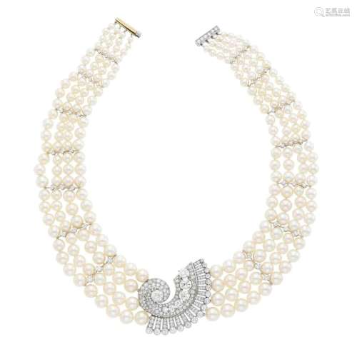 Four Strand Cultured Pearl, Platinum and Diamond Necklace