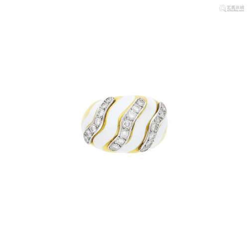 Two-Color Gold, White Enamel and Diamond Dome Ring
