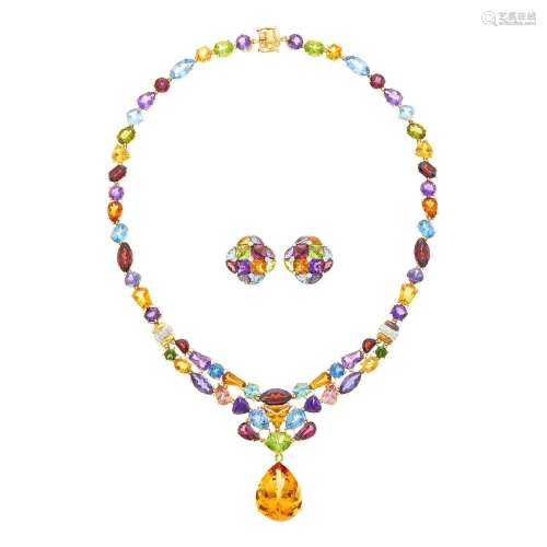 Gold, Multicolored Stone and Diamond Pendant-Necklace and Pa...