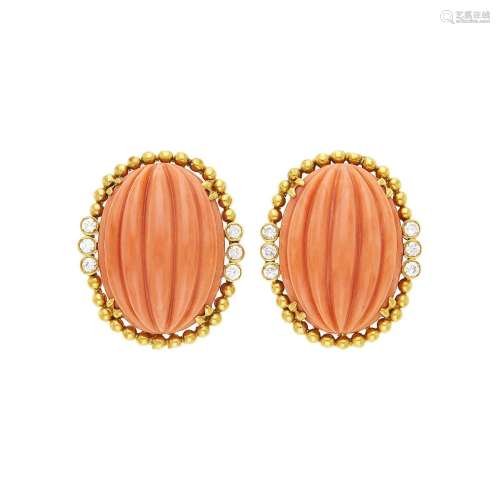 Pair of Gold, Carved Coral and Diamond Earrings