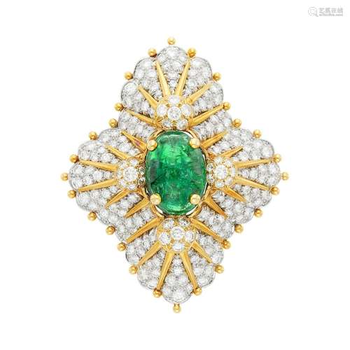 Platinum, Gold, Cabochon Emerald and Diamond Pendant Clip-Br...