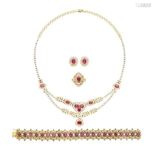 Gold, Ruby and Diamond Necklace, Bracelet, Pair of Earrings ...