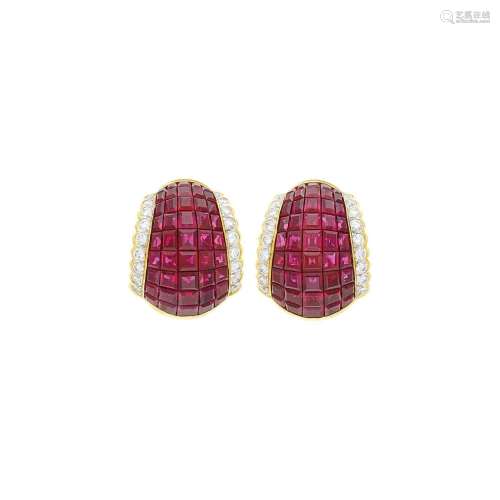 Pair of Gold, Invisibly-Set Ruby and Diamond Bombé Earclips
