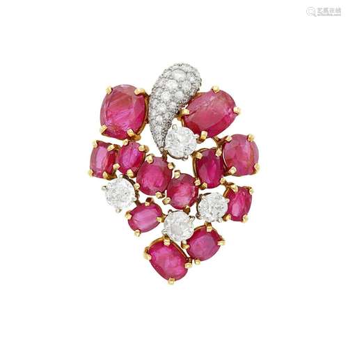 Seaman Schepps Two-Color Gold, Ruby and Diamond Cluster Clip...