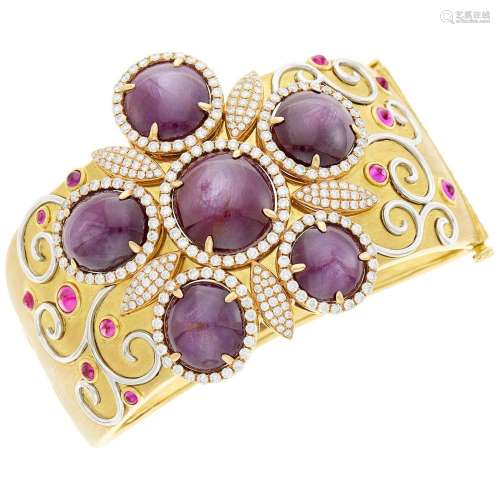Gold, Star Ruby, Synthetic Cabochon Ruby and Diamond Cuff Ba...