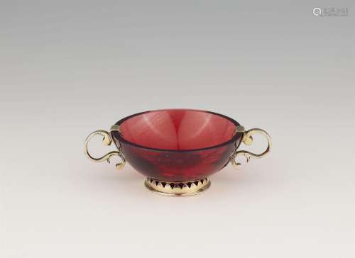 A small Augsburg silver gilt mounted ruby glass dish