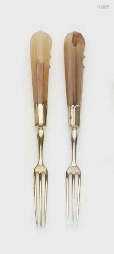 A pair of agate handled silver forks