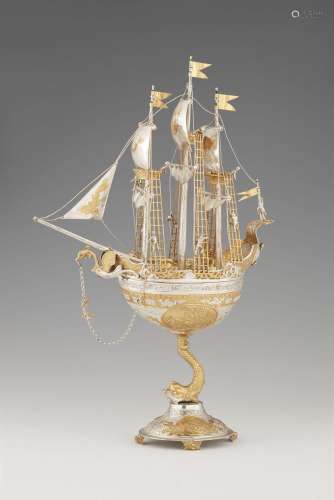A parcel gilt silver table centrepiece formed as a ship