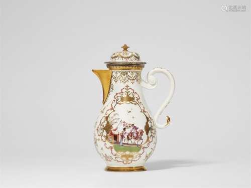A large Meissen porcelain coffee pot with finely painted Hoe...