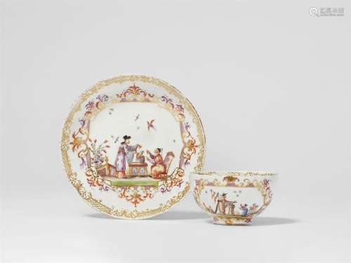 A Meissen porcelain tea bowl and saucer with Chinoiseries