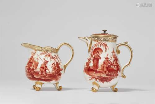 A porcelain ewer and milk jug with Chinoiseries in iron red