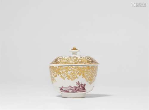 A Meissen porcelain dish and cover with landscape decor