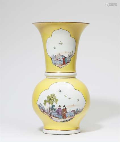 A very rare Meissen porcelain yellow ground Augustus Rex vas...