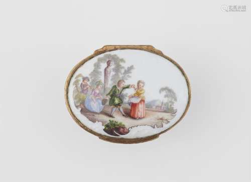 A porcelain snuff box with scenes in the manner of Watteau