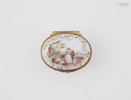 A porcelain snuff box with figures in the manner of Watteau