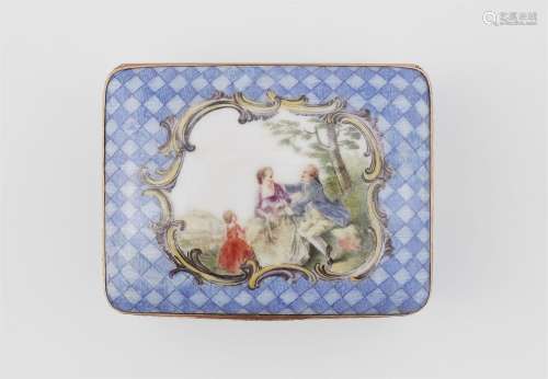 A porcelain snuff box with elegant couples and a depiction o...