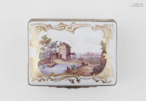 A porcelain snuff box with landscapes and a portrait of a la...